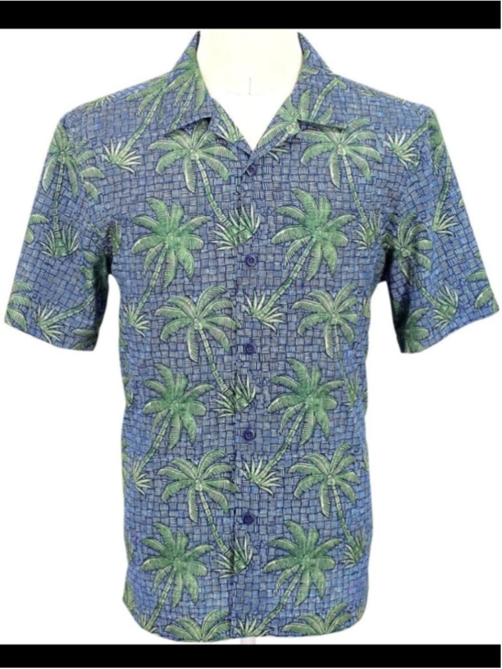 Tommy Bahama Palma Rattan IslandZone Shirt Mens M Blue Palm Tree Camp Collar